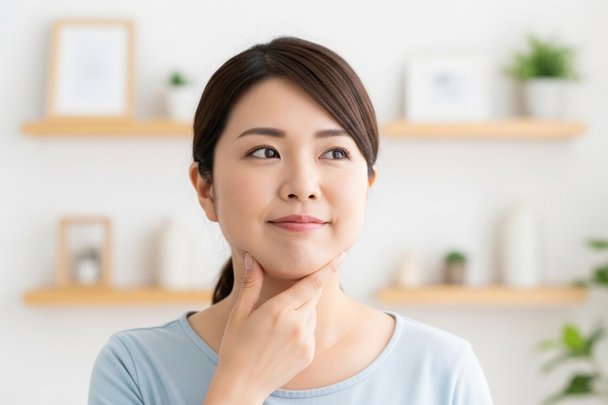 30代くらいの女性が自宅の明るい部屋で、あごに手を添えてフェイスライン(あご下)をやさしく触りながら、二重あごの状態を確認しています。背景には棚や小物、観葉植物が見えます。