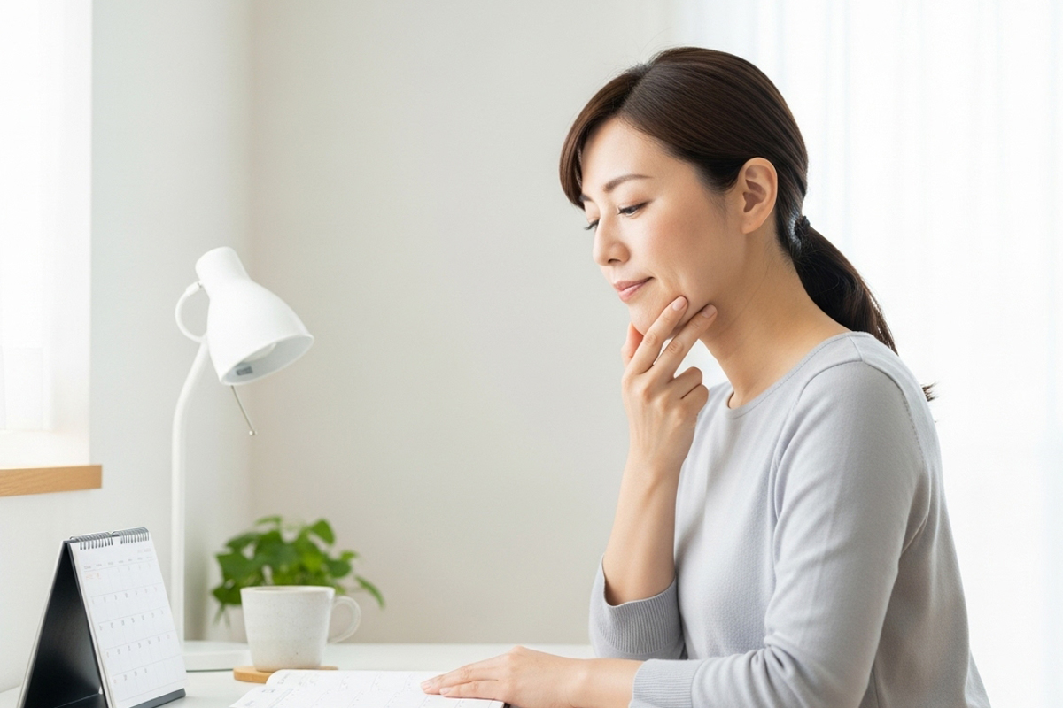 30代くらいの女性が自宅のデスクで、あごに手を当ててフェイスライン(二重あご)を気にしながら考えています。机の上には白いデスクライト、カレンダー、観葉植物、マグカップが置かれています。
