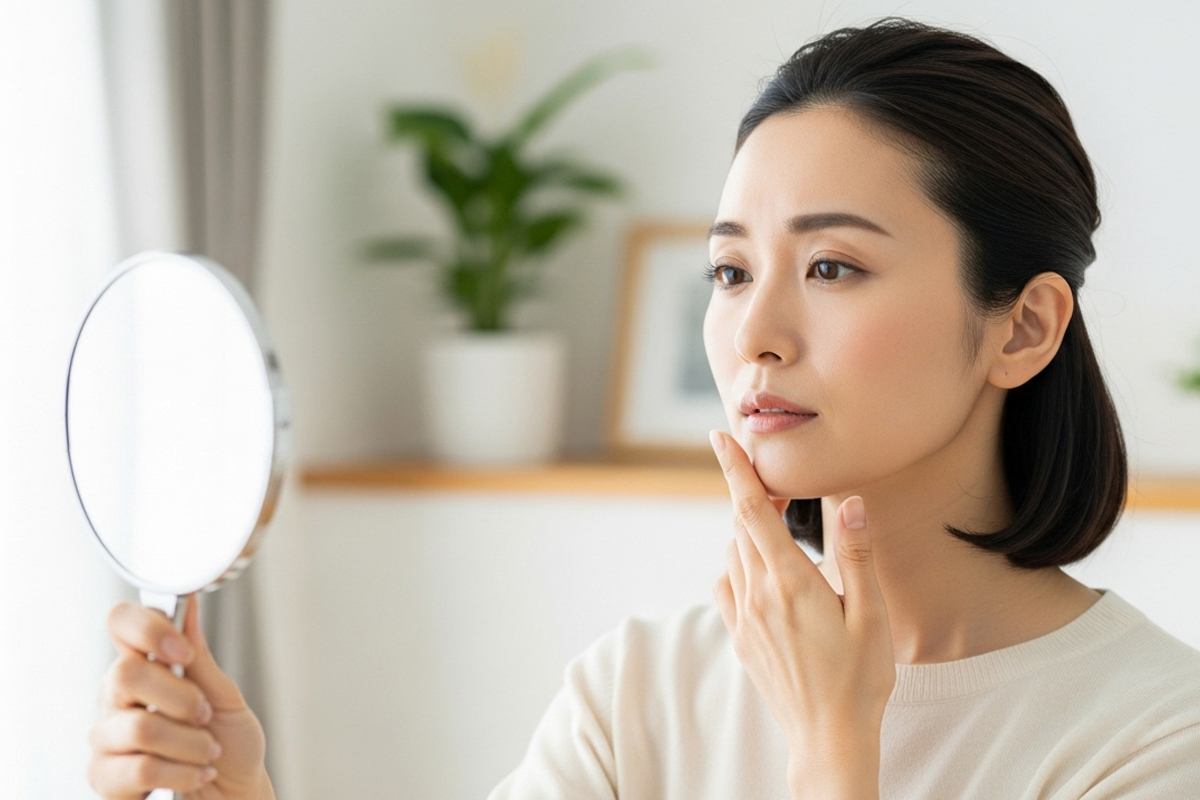 50代くらいの女性が自宅の明るい部屋で手鏡を持ち、もう片方の手であご先にそっと触れながら、フェイスラインや二重あごの状態を落ち着いて確認しています。背景には棚と観葉植物が見えます。