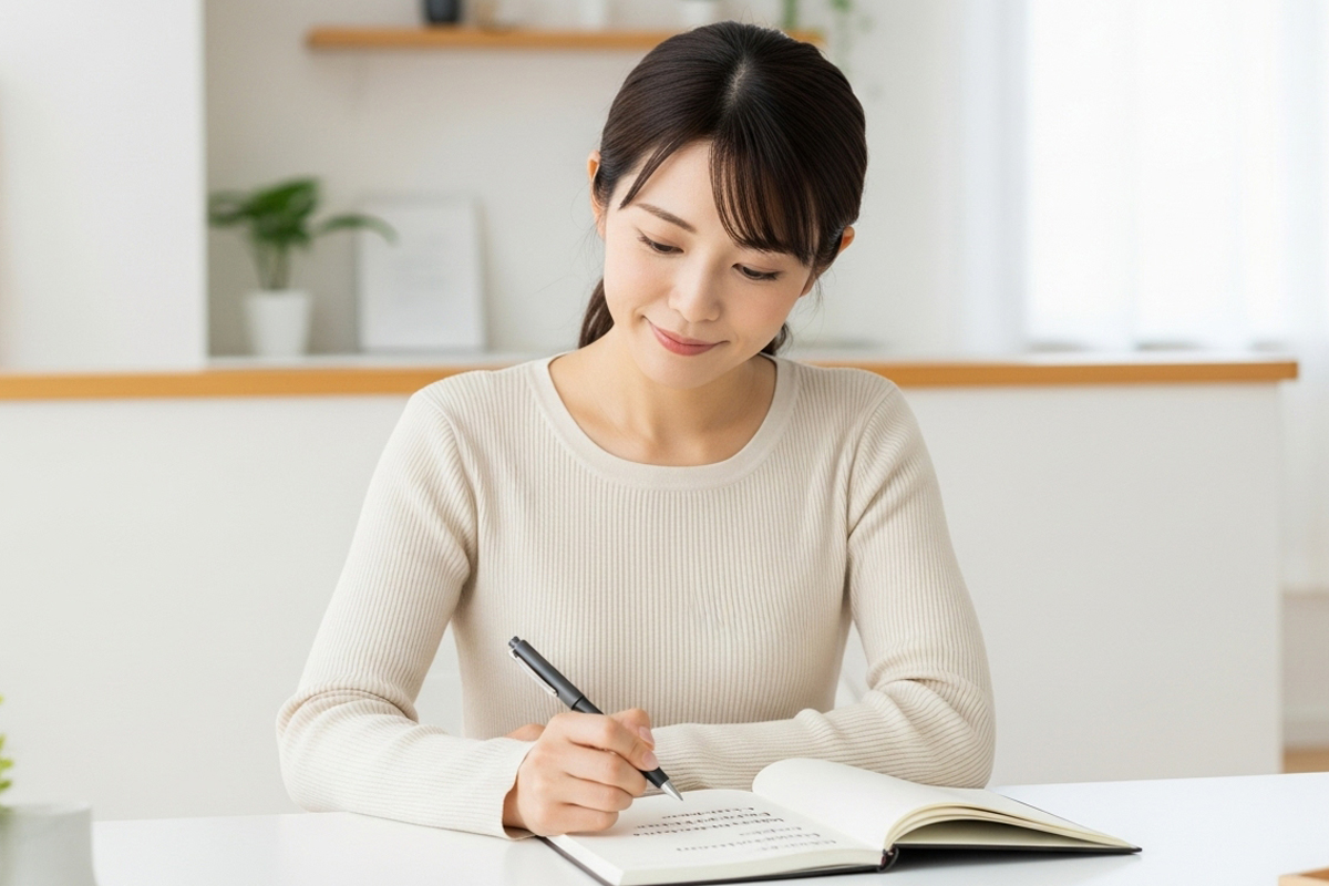 30代くらいの女性が自宅のテーブルでノートにペンで書き込みをしており、情報をメモしているような場面です。背景には棚と観葉植物が見えます。