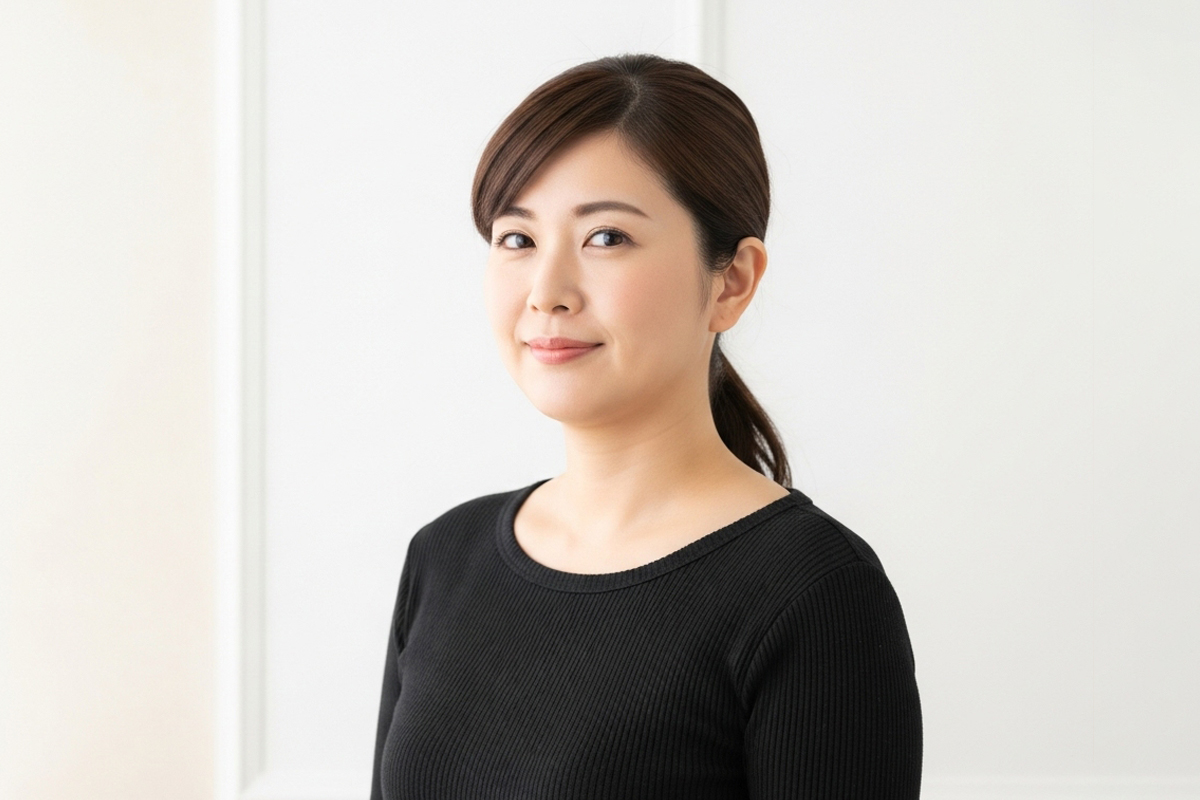 40代くらいの女性が明るい室内で正面を向き、落ち着いた表情で立っている上半身のポートレートです。髪を後ろでまとめ、黒いトップスを着ています。
