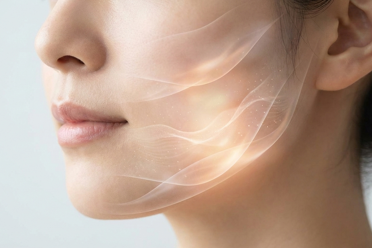 横顔の女性の頬からあごにかけた部分をアップで写し、頬の上に半透明の波のようなラインと、あご付近のやわらかな光の表現が重ねられています。