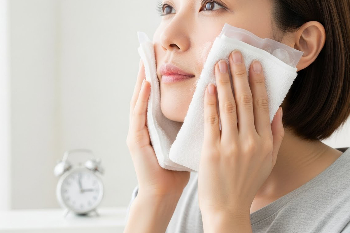 両方の頬に保冷剤を当てて冷やしている女性。その背後には時計が置いてあり、時間を見ながら冷却を行う必要があることを連想させる構図