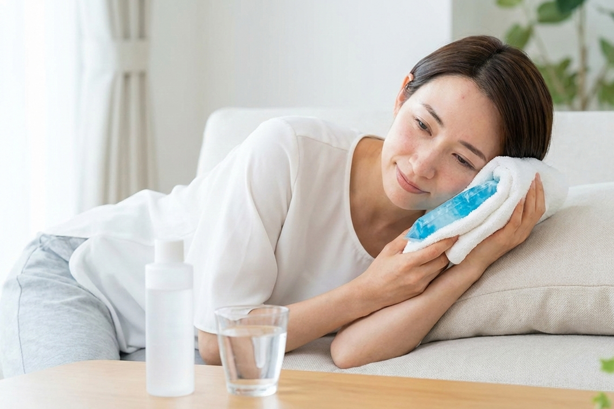 自宅のソファに横になり顔を保冷材で冷やしている女性。女性の前にあるテーブルには保湿剤や水の入ったコップが置いてあり、肌のケアを連想させる構図