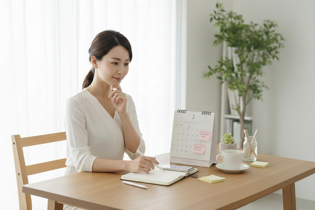 明るい部屋で、白いブラウスの女性が木のテーブルに座り、手をあごに添えて考えながらノートにペンを置いています。テーブルには卓上カレンダーと付せん、白いカップとソーサー、メモ用紙があり、奥に観葉植物が見えます。