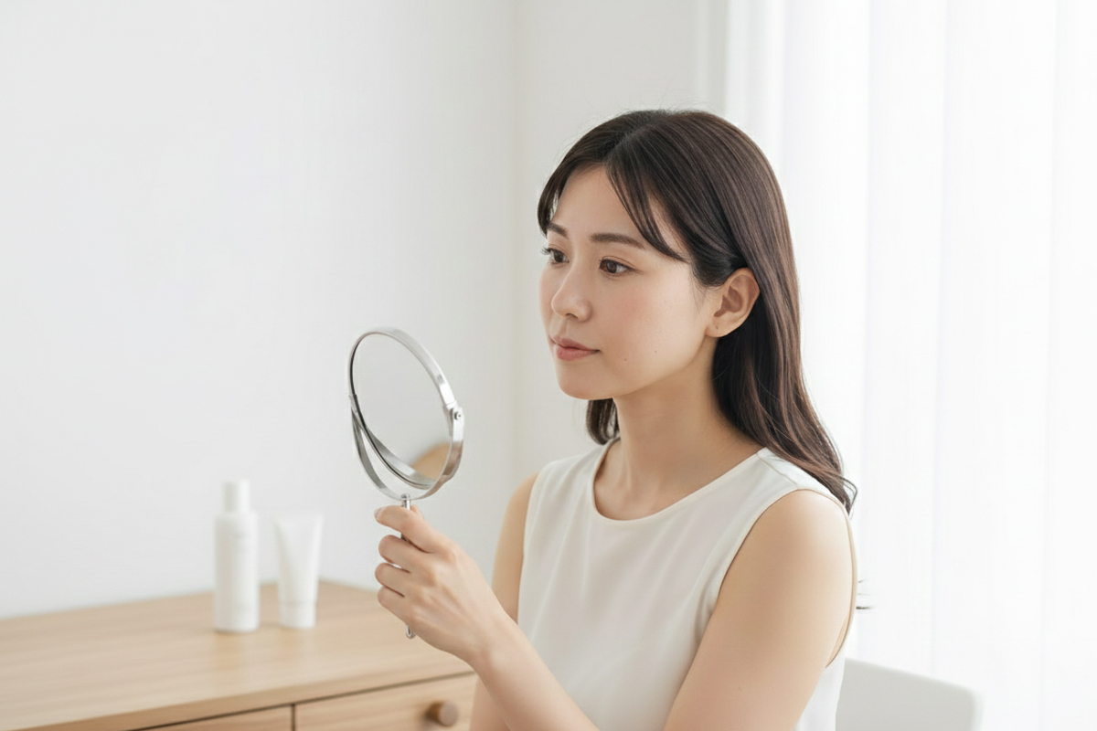 明るい室内で大きな窓を背後に手鏡で自分の顔を見ている20代後半の女性。隣に置いてある棚の上には化粧品が置かれており、女性は少し不安げな表情で鏡を覗き込んでいる。