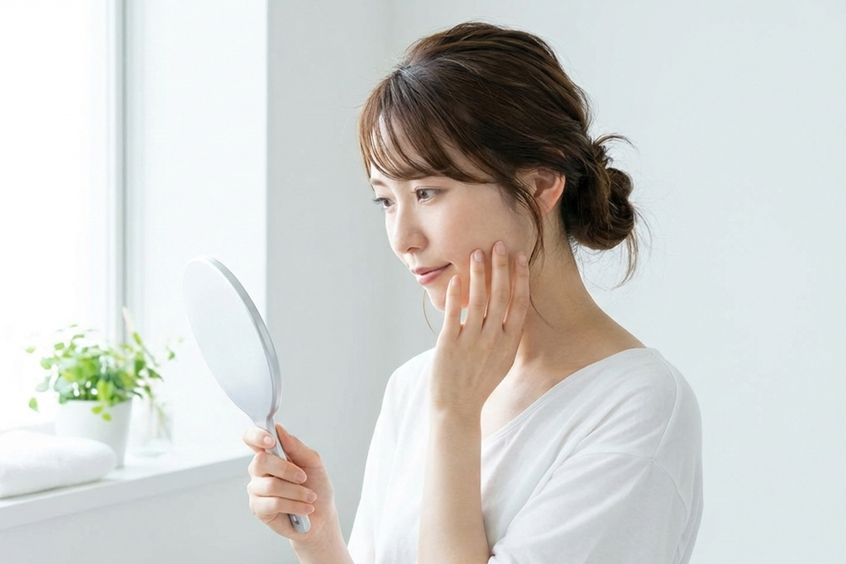 明るい室内の窓際で鏡で自分の顔を確認する20代後半の女性。明るい表情で頬に触れている。窓際にはタオルと観葉植物が置かれている。