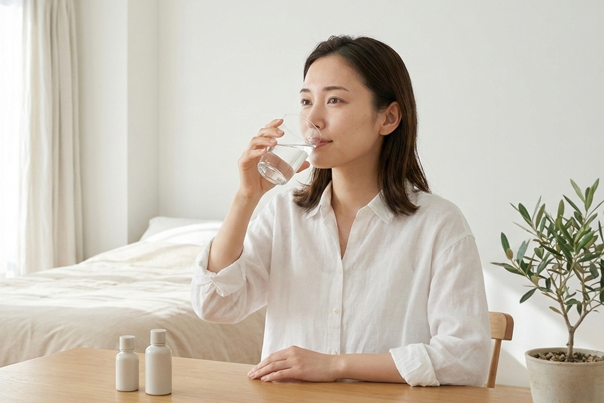 明るい室内でコップに入った水を柔らかな表情で飲んでいる女性。テーブルの上には化粧品や観葉植物が置かれており、整った生活を表している。背景にはベッドが見える。