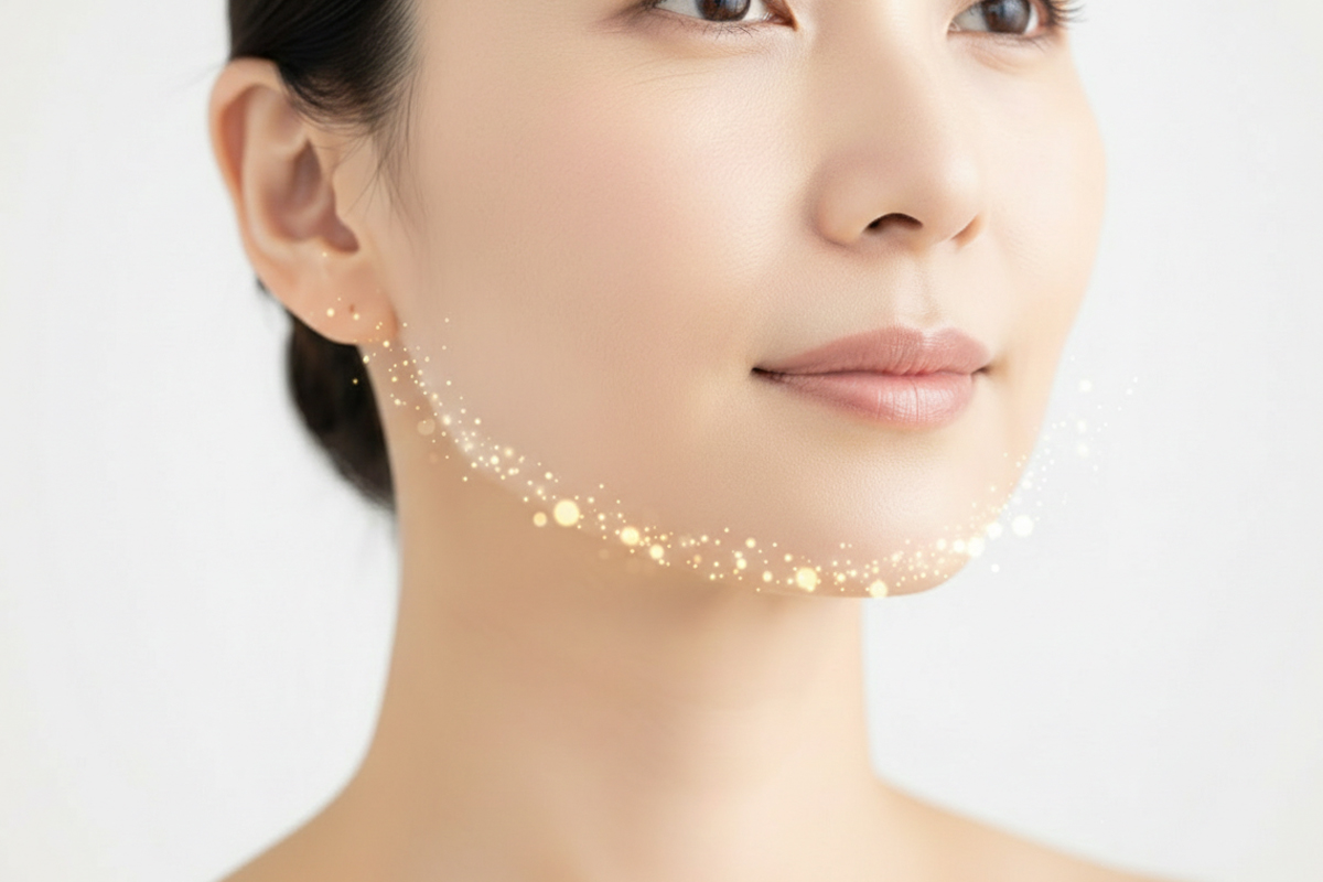 女性のフェイスラインに点状の光のエフェクトがかかった写真。女性は微笑んで前を向いている。