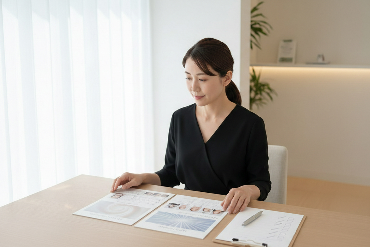 明るいクリニックの一室で椅子に座り、目の前のテーブルにパンフレットを並べて眺めている女性。治療に迷っている様子。