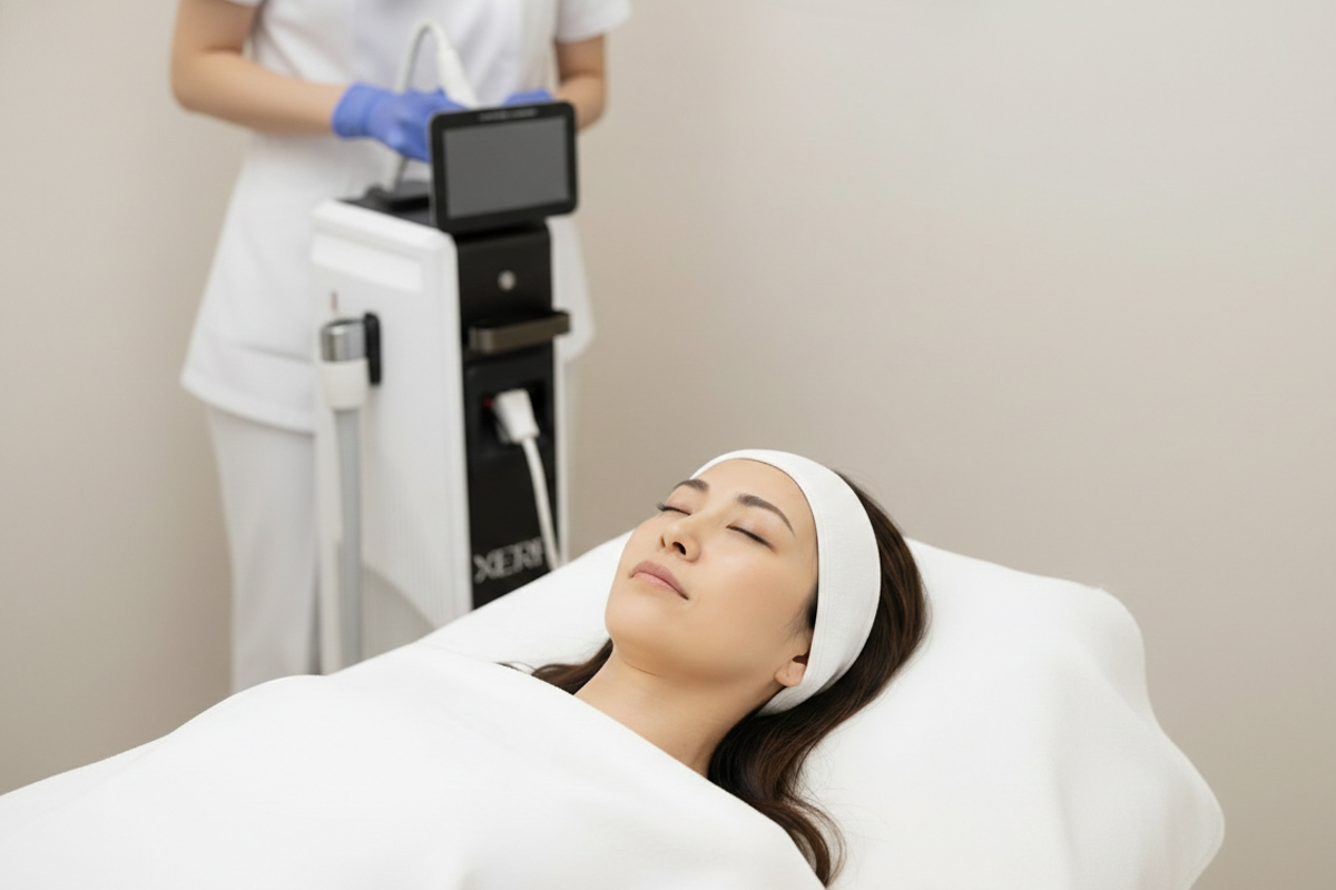 クリニックの一室でベッドに横になる女性。ヘアターバンで髪をまとめており、背後には施術に使用する機器の準備をしているクリニックの制服を着たスタッフ。