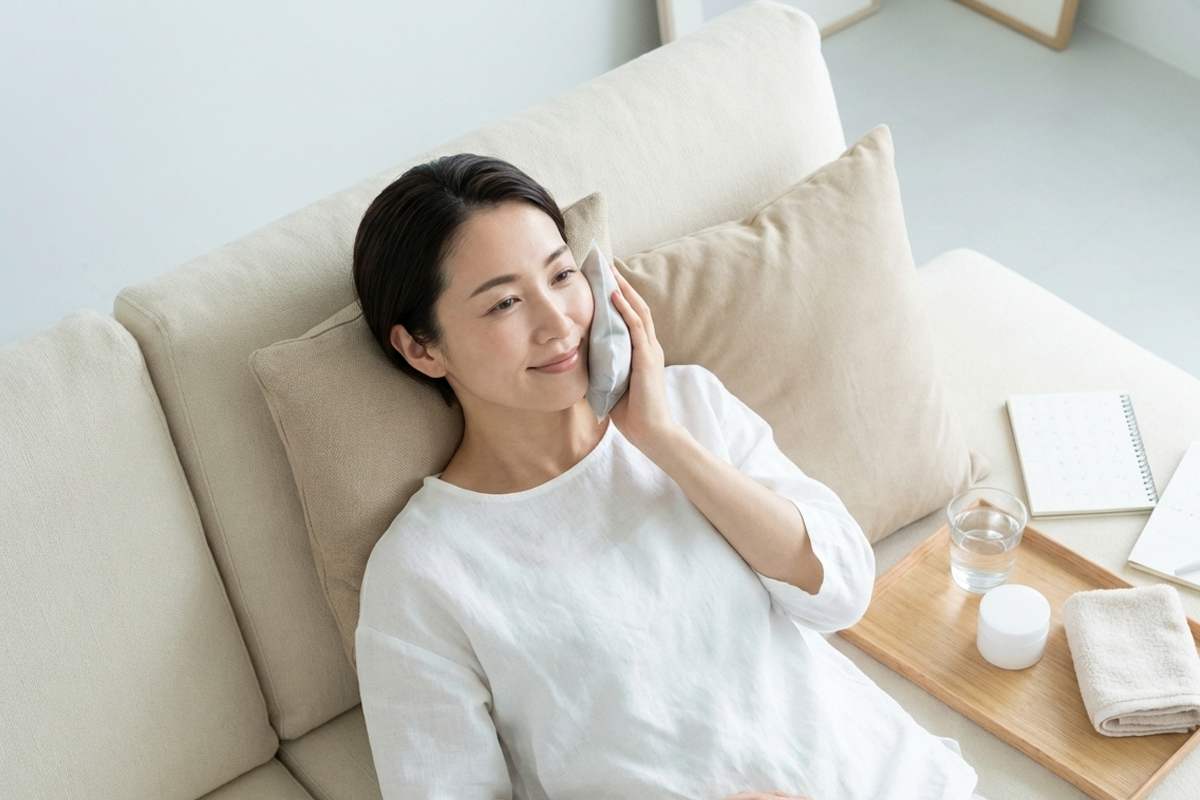 ソファにもたれかかり保冷材で頬を優しく冷やしている微笑んだ女性。女性のすぐ横には、トレーに乗せられた水の入ったコップやタオルなどが置かれており、その向こうにはメモ用のノートが見える。
