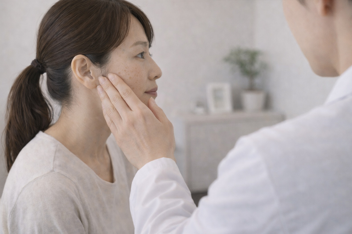 クリニックの一室で、医師に頬のシミの状態を診察してもらっている40代の女性。女性の表情は少し不安げ。医師の斜め後ろからの描写。