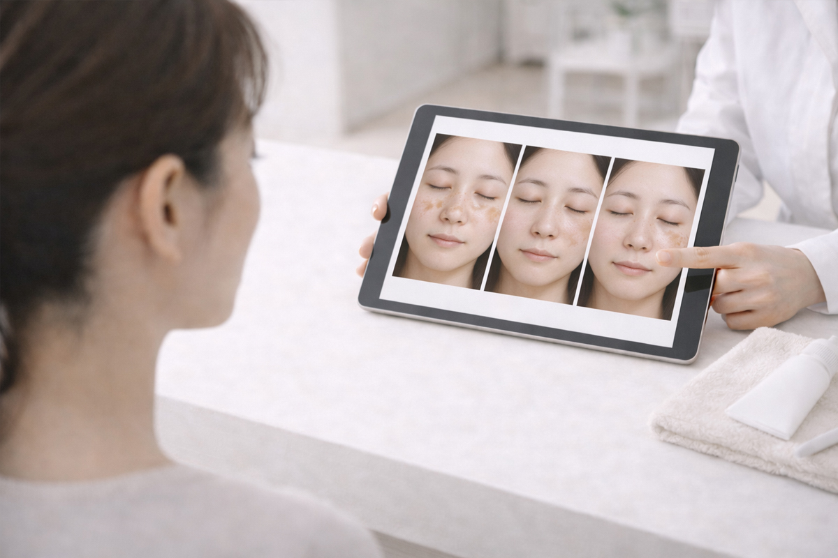 クリニックの一室で、肌のシミの違いをタブレットで比較しながら確認している女性の後ろ姿。目の前で医師がタブレットの写真の内容を説明している。