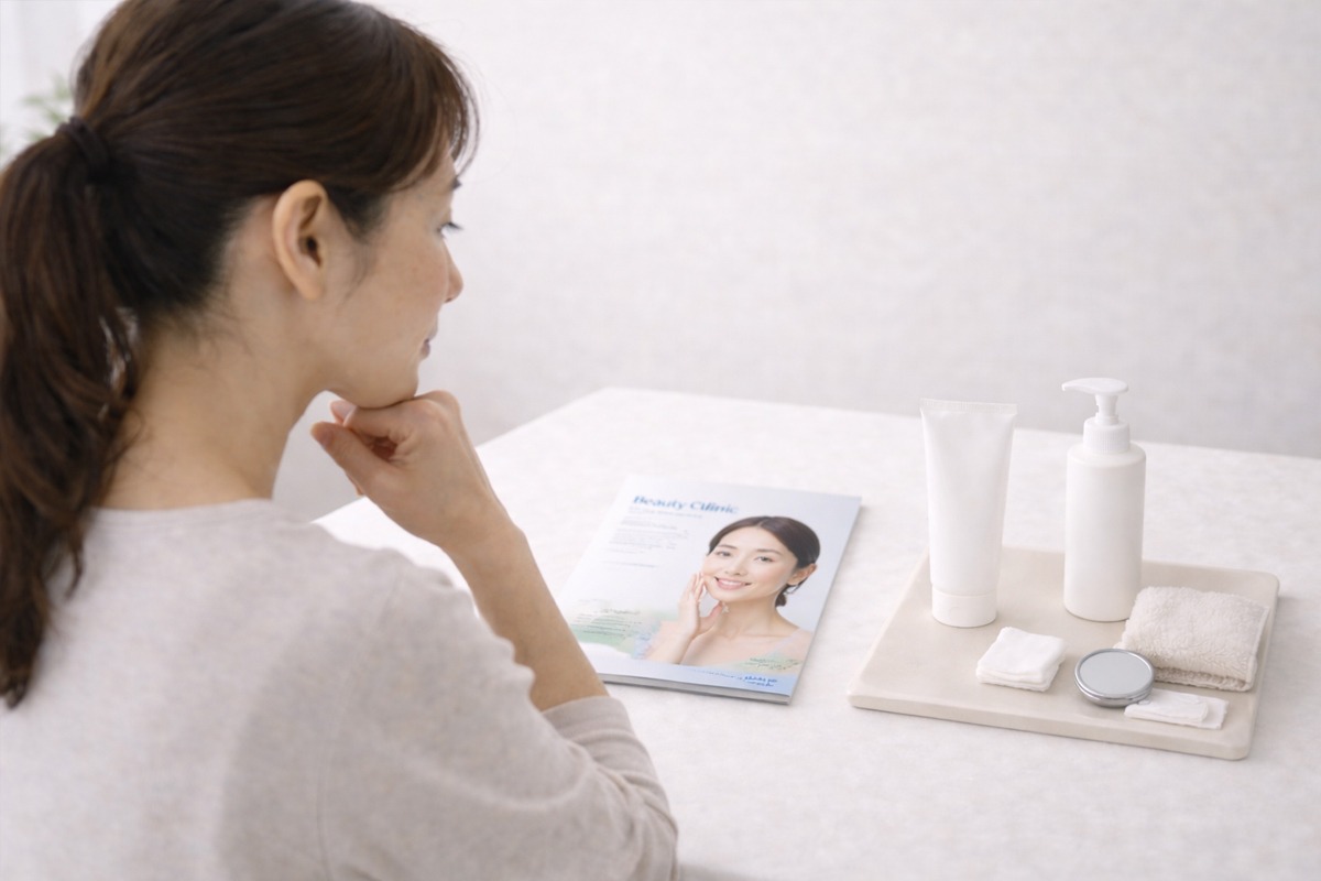 テーブルの上に美容医療のパンフレットとクリームなどのスキンケア用品が並べて置かれている。それを眺めながら、あごに手を当てて考える女性の後ろからの描写。