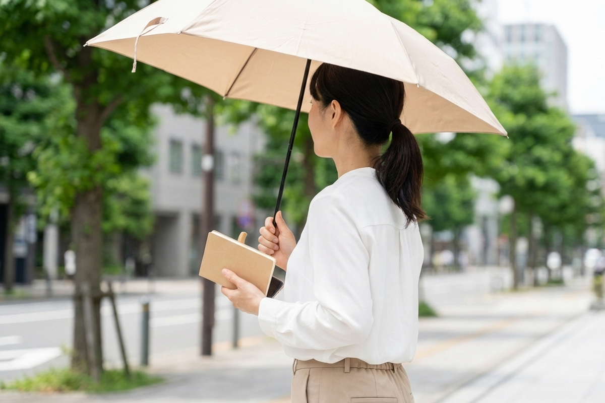 日中の屋外で日傘をさしている女性。オフィスカジュアルな服装で、片手にはメモ用のノートを手にしている。
