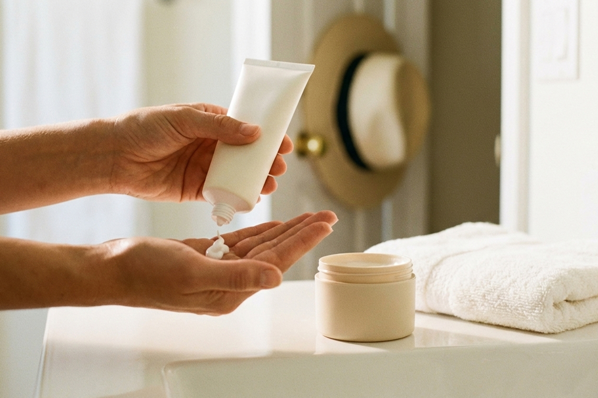 明るい自宅で日焼け止めクリームを手に取っている人物の手元の描写。タオルやクリームなども置かれている。