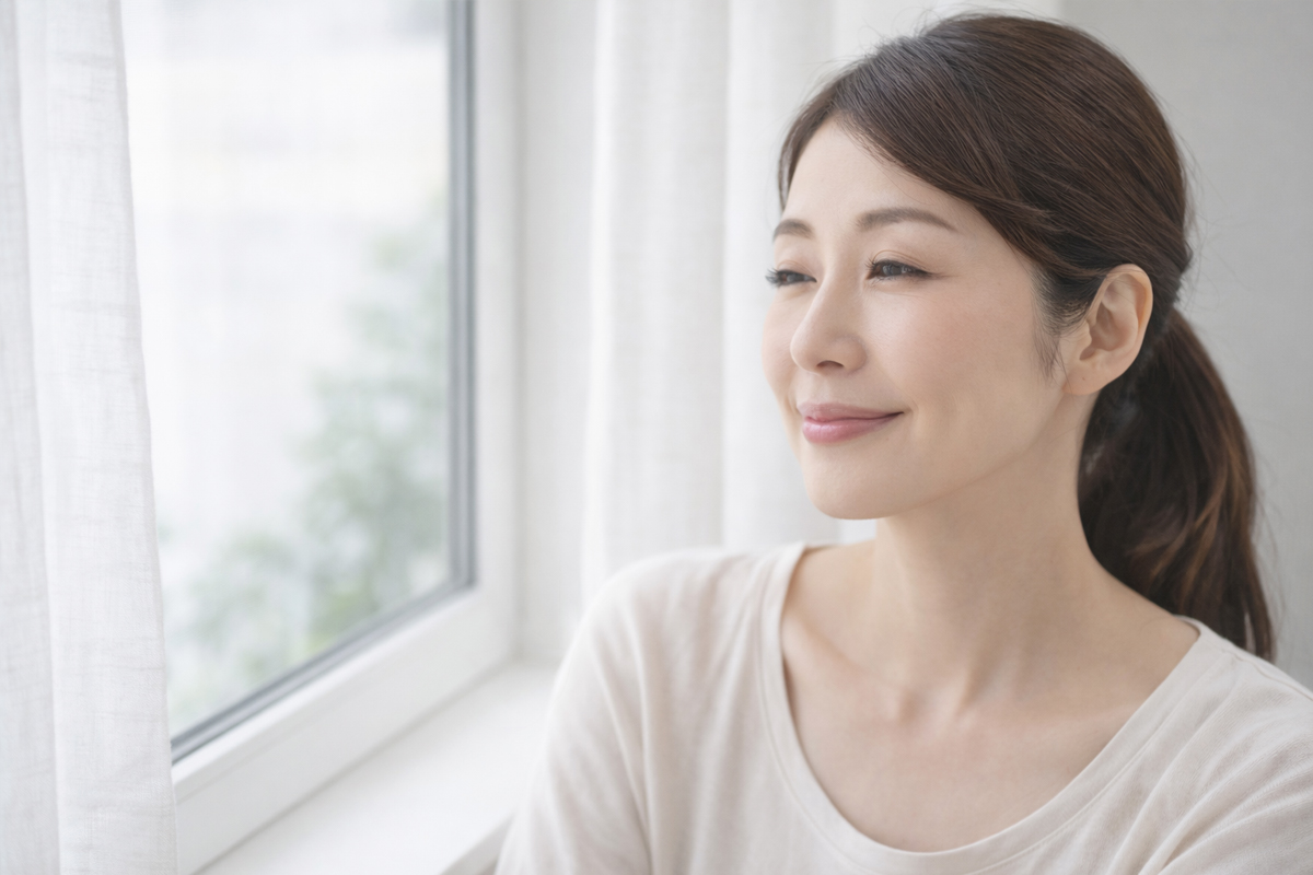 自宅の窓辺でたたずむ女性。ナチュラルなメイクで優しく微笑んでいる。