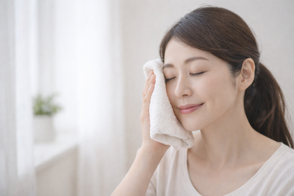 白を基調とした室内の窓際で、頬に優しくタオルを当て微笑んでいるナチュラルメイクの女性。