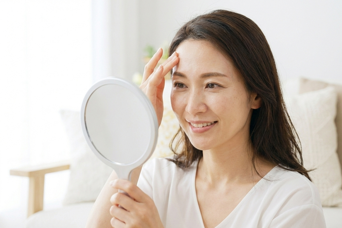 明るい自宅で手鏡を持ち、おでこの様子を確認する女性。おでこに優しく触れながら、満足そうにやわらかく微笑んでいる。