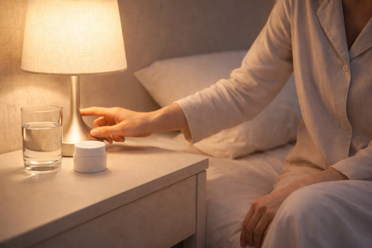 ベッドの枕元に座り、サイドテーブルの明かりを消そうとしている人物の顔から下の描写。サイドテーブルの上には他にも、水の入ったコップやクリームが置かれている。