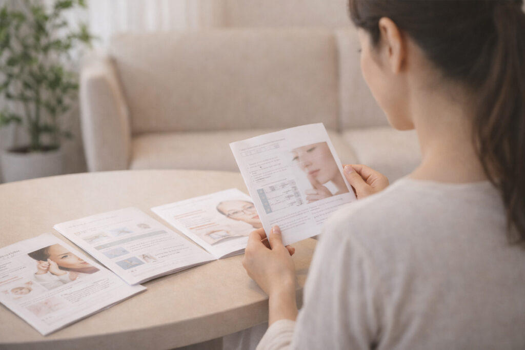 テーブルに並べられた複数の美容医療のパンフレット。そのうちのひとつを手に取り眺めている女性の後ろ姿の描写。