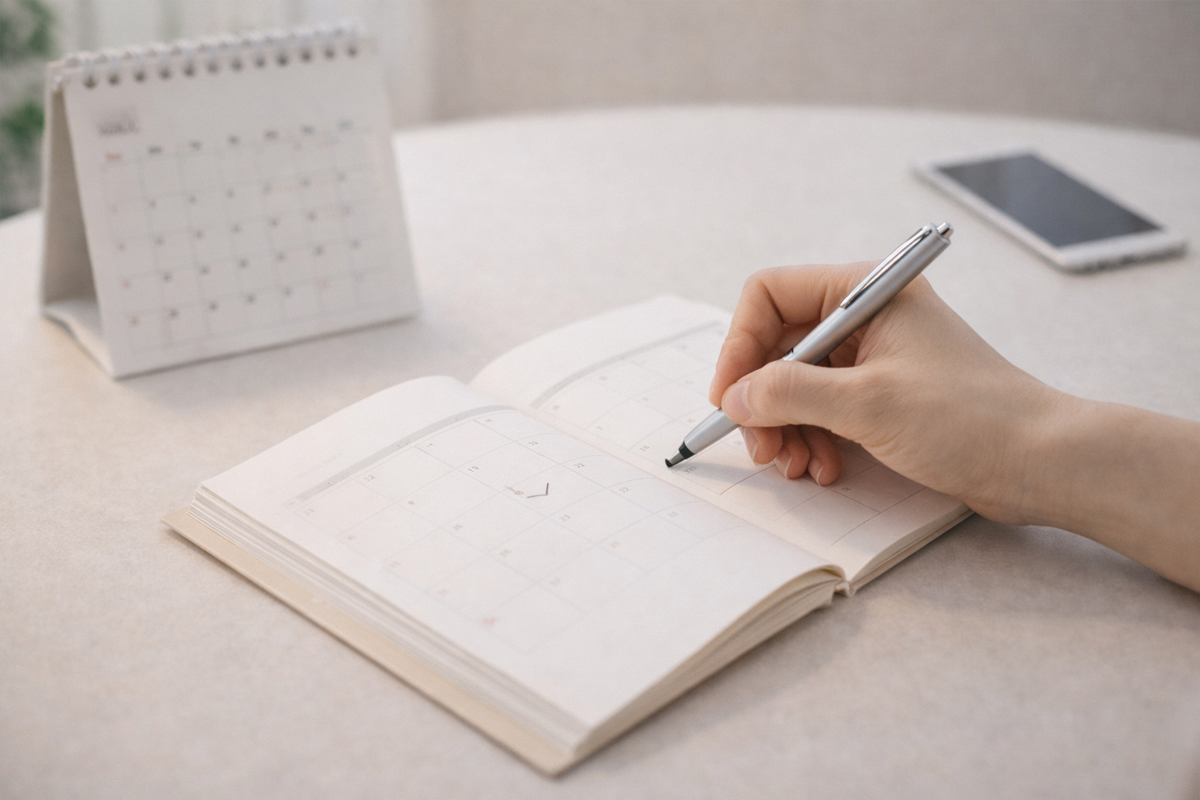 ALT:
テーブルに並べられた卓上カレンダー、スマートフォン、スケジュール帳。スケジュール帳にボールペンで予定を書き込もうとしている人物の手が写っている。