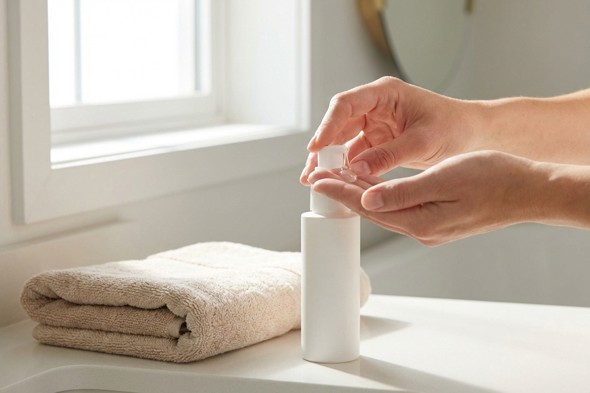 明るい窓の近くで化粧品ボトルから化粧水を手に出している女性の手元のアップ。台の上にはタオルも置かれている。