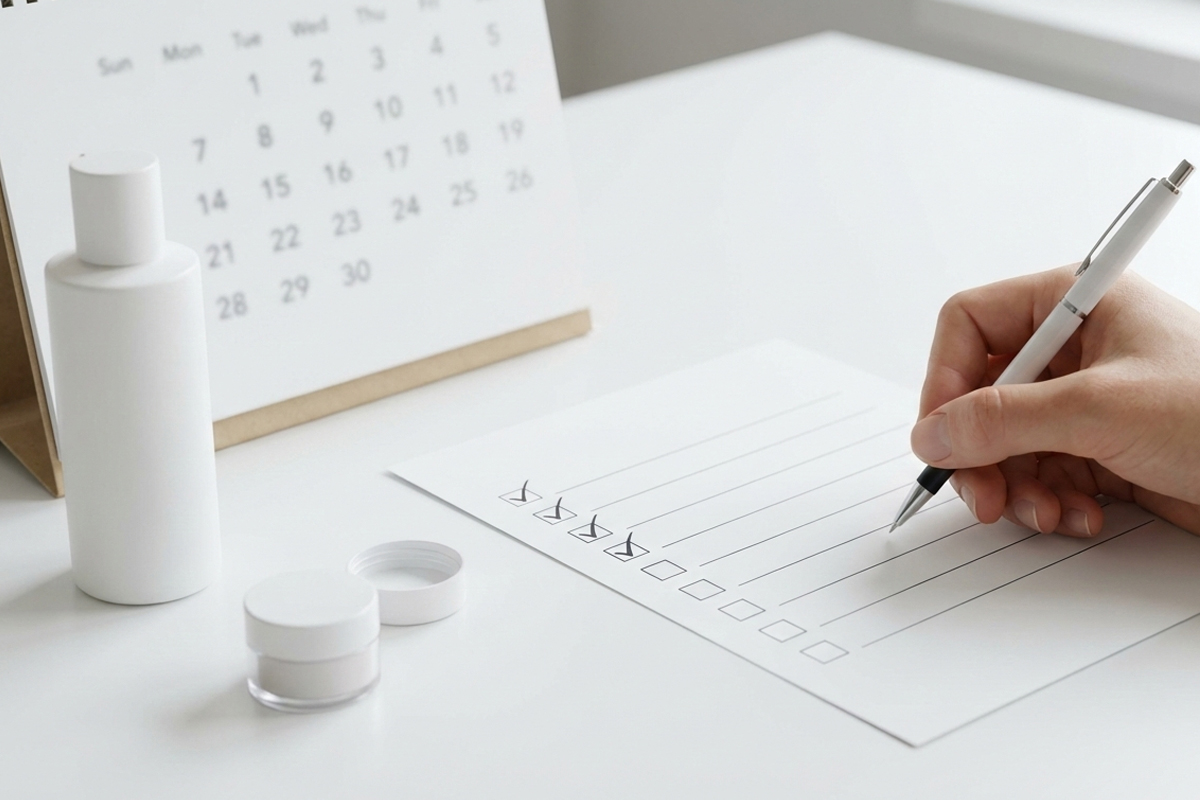 テーブルの上に並べられたカレンダーや化粧品のボトル、小さな容器。その前にはチェックリストがあり、ペンを持ちリストに書き込もうとしている人物の手元のアップ。