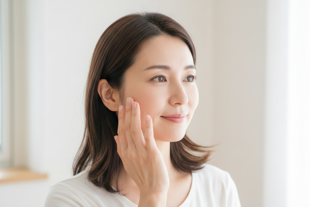 明るい自室で頬に優しく手を添えている微笑んだ女性。ナチュラルなメイクで素肌のきれいさが伝わる。