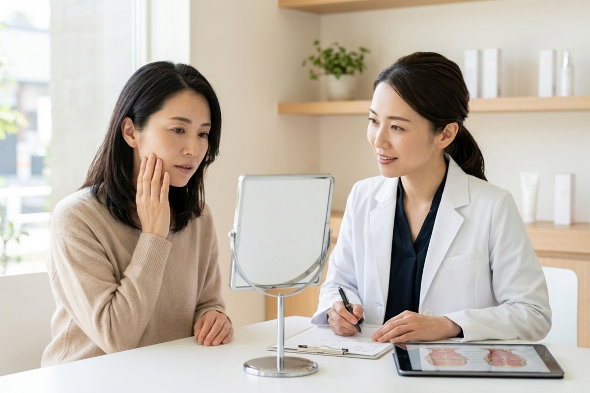 美容クリニックで女性医師とお客様が鏡やタブレットを見ながら、たるみの原因に合わせた治療方針を相談している様子。