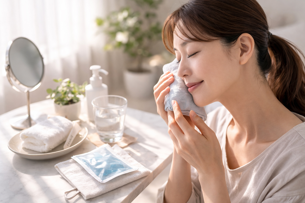 明るい自宅で頬にタオルをあててクーリングを行っている女性。テーブルには鏡やケア用品、水の入ったコップ、保冷材などが置かれている。