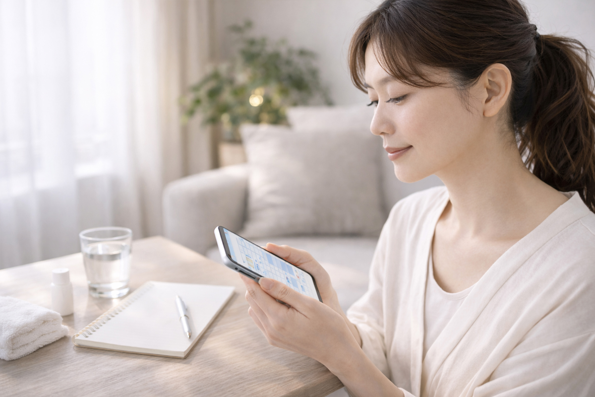 明るい自宅のテーブルの前で、スマートフォンで予定を確認している女性。テーブルにはタオルやスキンケア用品、水の入ったコップ、ノートやペンなどが置かれている。