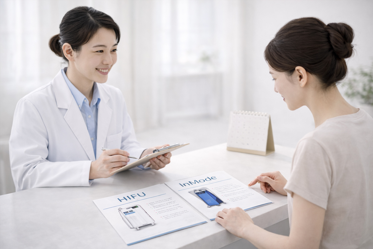 美容クリニックのカウンセリングで女性医師と女性が向かい合い、机に並べたハイフとインモードのパンフレットを見ながら相談している様子