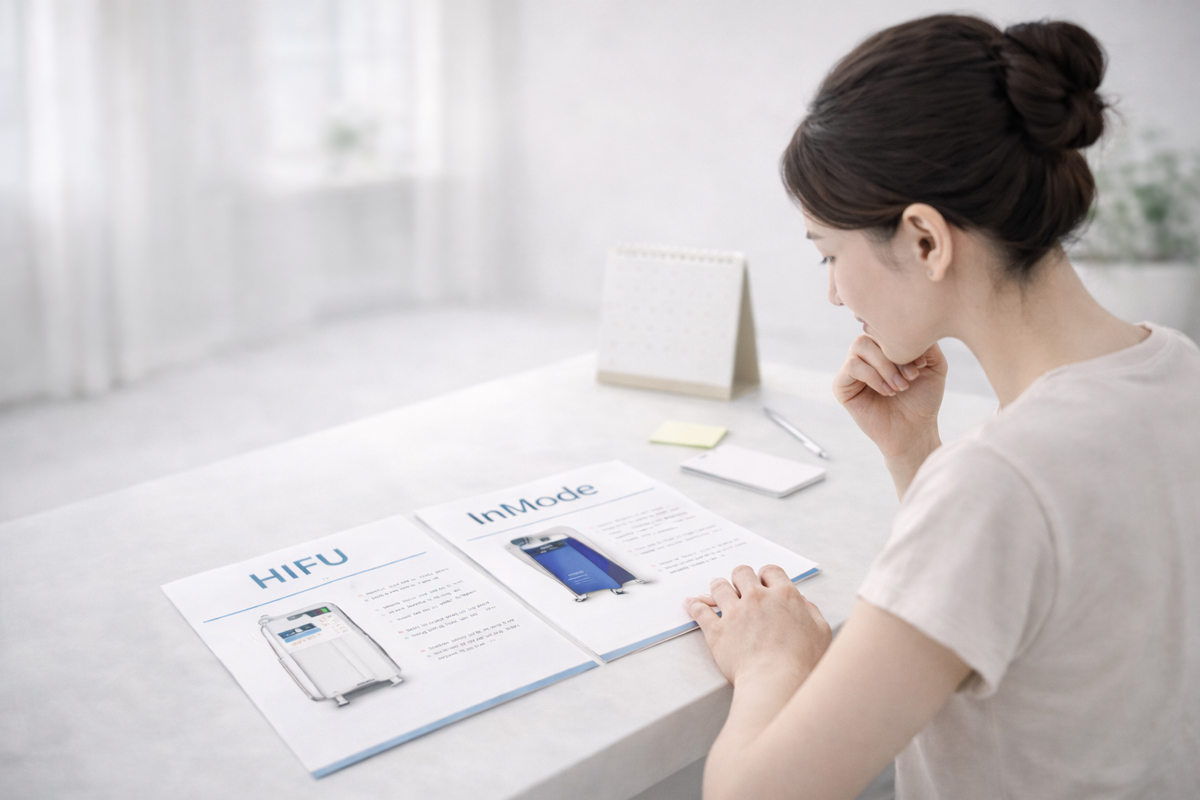 美容クリニックのカウンセリングルームで、女性がハイフとインモードのパンフレットを見比べながら検討している様子