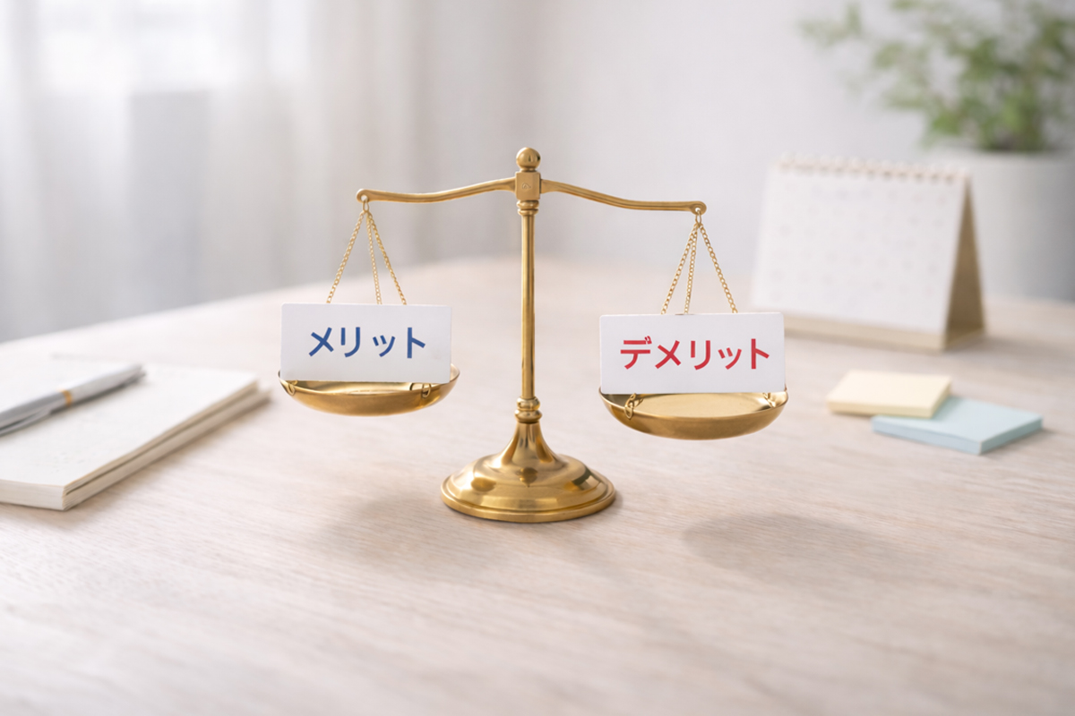 メリットとデメリットのカードを左右に載せた天秤を机の上に置き、併用の利点と注意点を比較しているイメージ