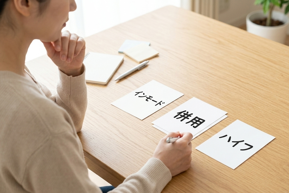 自宅のテーブルで、女性が「インモード」「ハイフ」「併用」と書かれた3枚のカードを並べ、ペンを手に比較検討している様子