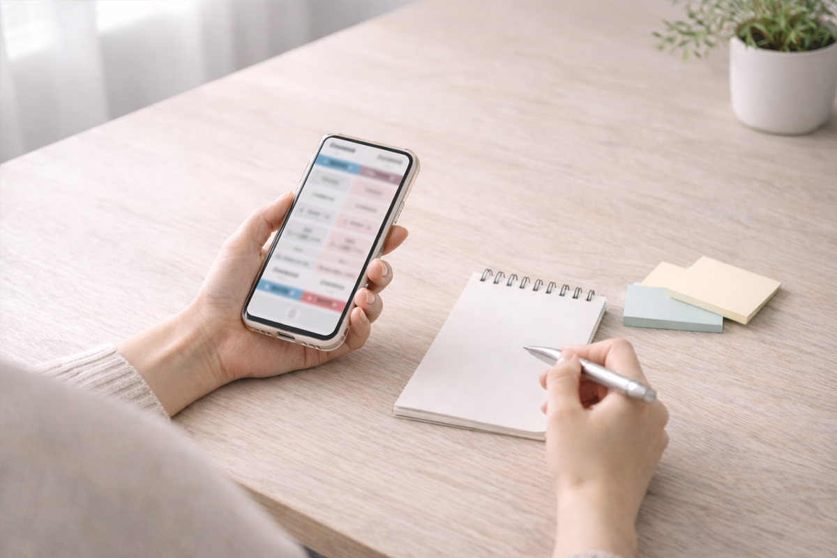 スマホでクリニックを比較している画面(内容はぼかしで判読できない)を見ながら、メモを取ろうとしている手元の様子