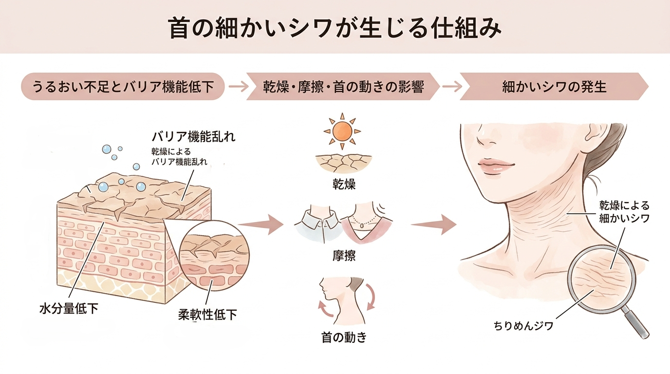 うるおいを保つ力が弱いことで、角質層（角層）の水分量は低下しやすく、肌表面のなめらかさやバリア機能も乱れ、肌の柔軟性の低下、動きや乾燥など外的刺激の影響を受け表面に細かいラインが生じる経過のイラスト。