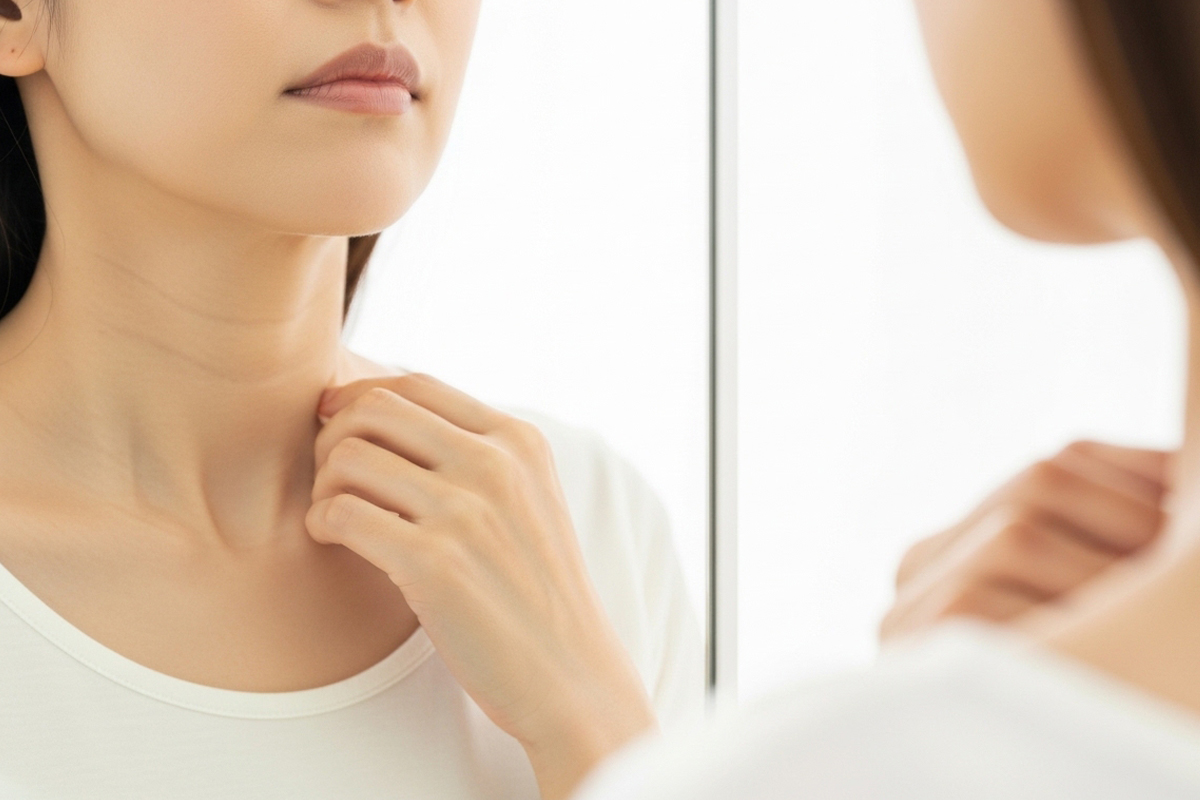 鏡で首元の皮膚を見て、シワの状態を確認している女性の首元のアップ。