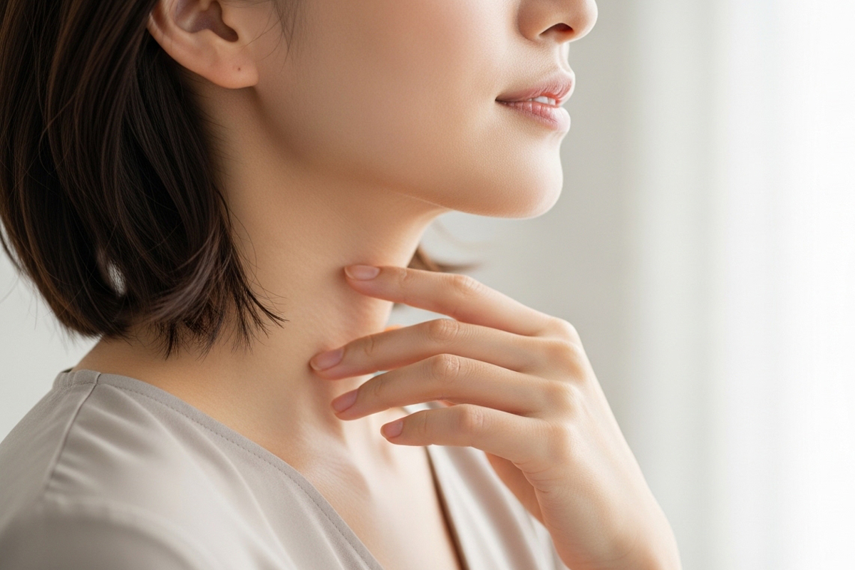 首元に優しく触れている女性の首元のアップ。横からの描写。