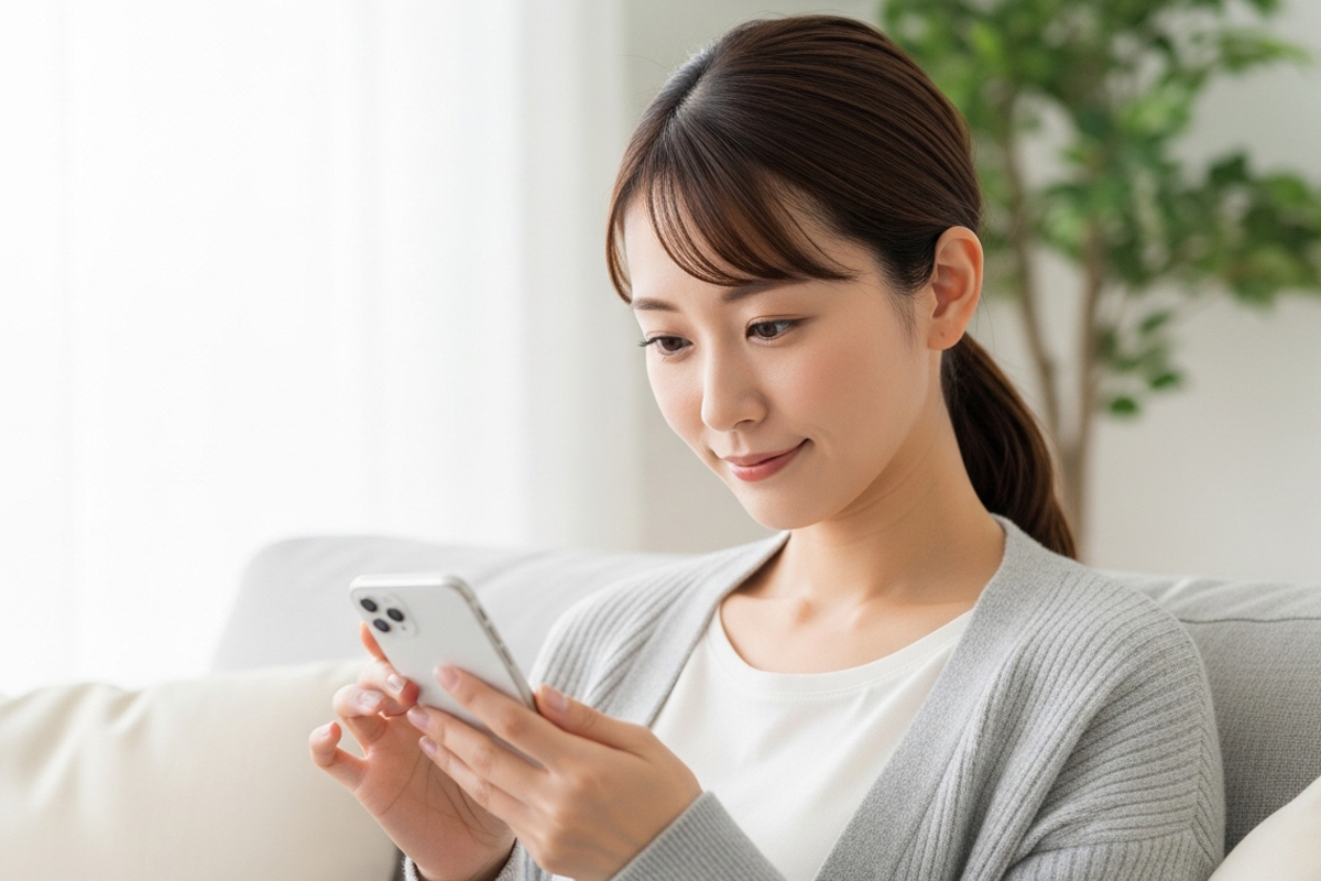 明るい自宅のソファに座り、うつむき加減でスマートフォンを操作している女性。