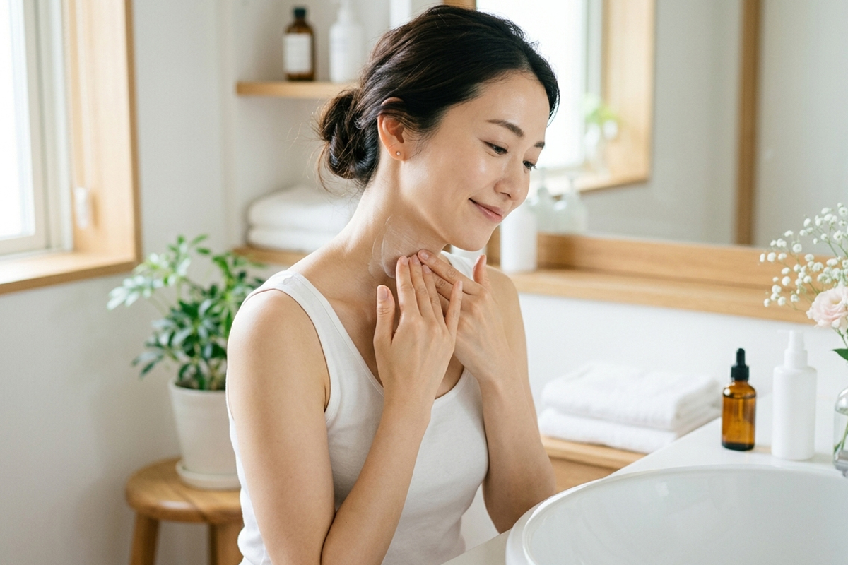 明るく清潔感のある洗面空間で、30代前後の日本人女性が首元に保湿クリームをやさしくなじませている様子。