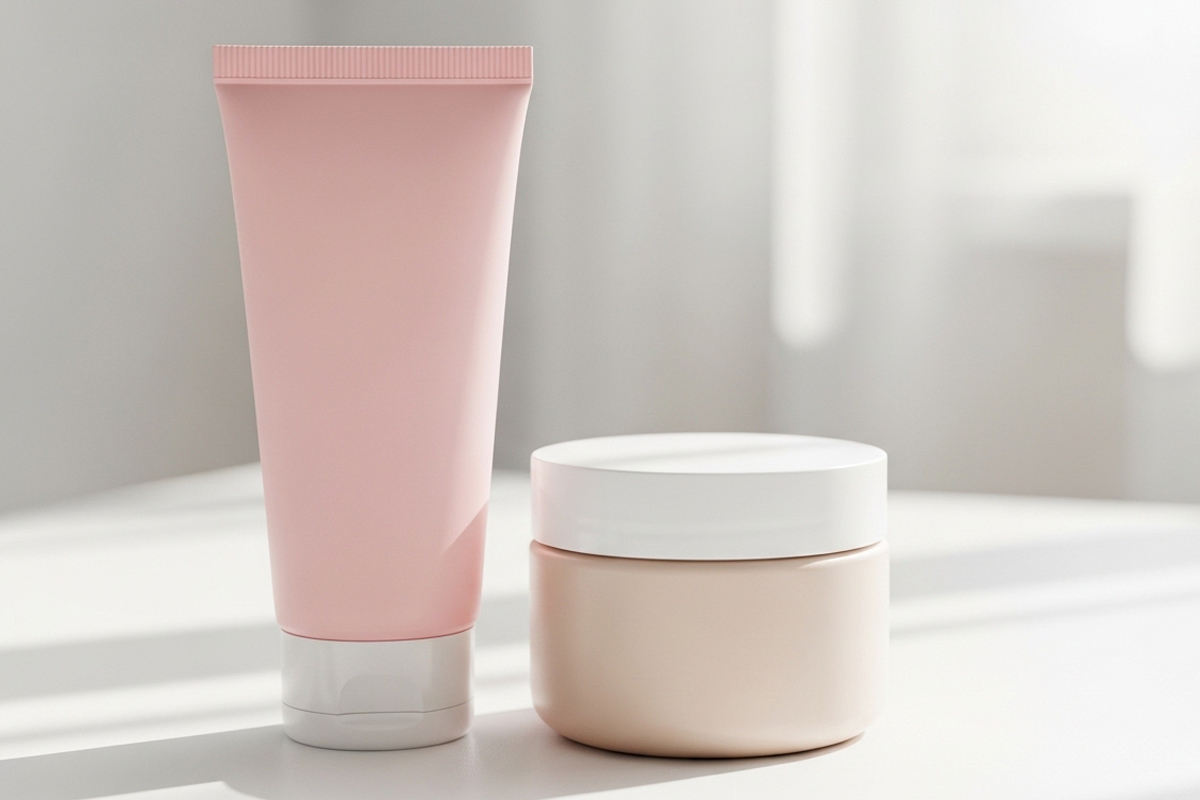 白を基調とした空間に、チューブタイプとボトルタイプのスキンケア商品が並べられている。