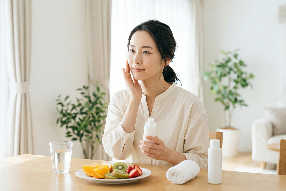 水のグラスやフルーツ、スキンケア用品、白いタオルを整えて置いた、日焼け後のケアを習慣として続けるイメージの中見出し画像。