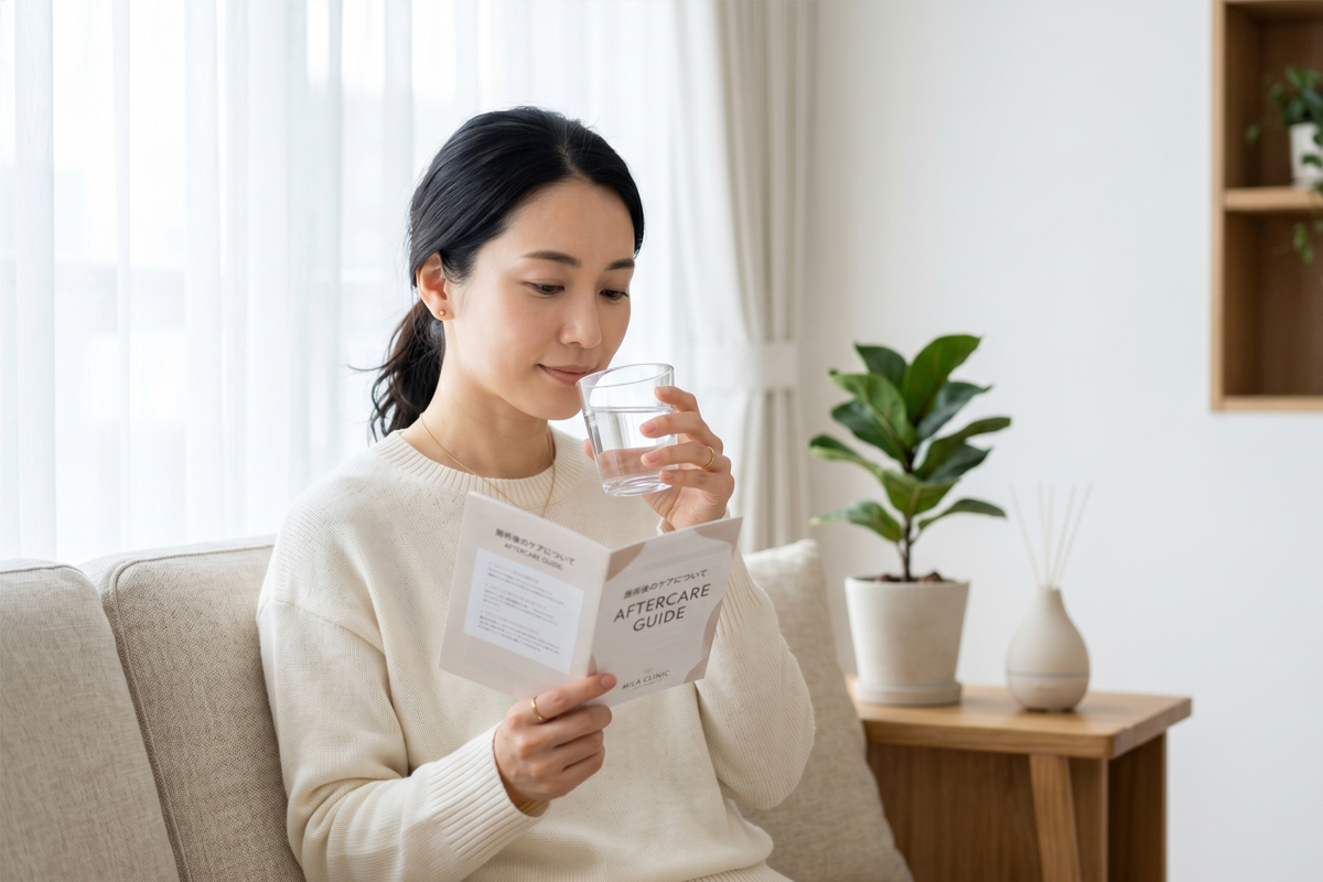 ベージュのソファに座った日本人女性が、グラスの水を持ちながら冊子を読んで穏やかに過ごしている室内の様子。