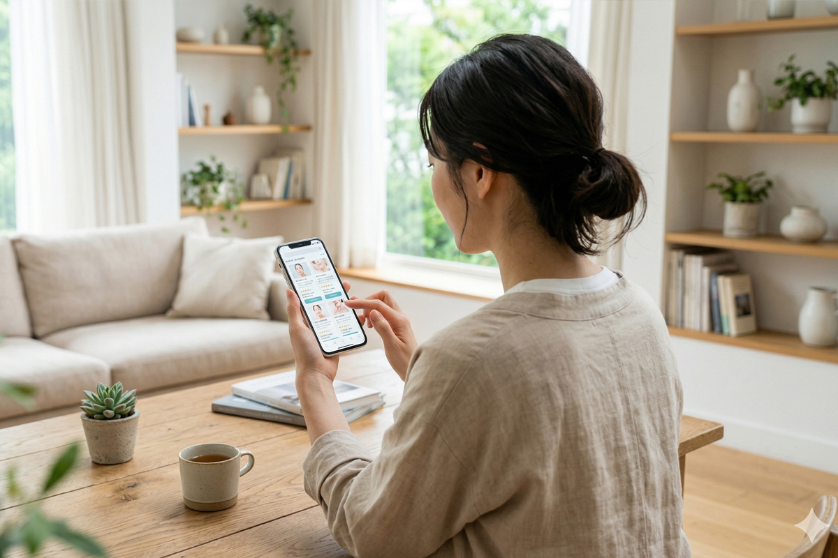 美容施術を比較するため、明るい自宅の室内でスマートフォンを見つめる女性の後ろ姿。落ち着いた空間の中で自分に合う肌育施術を検討している様子。