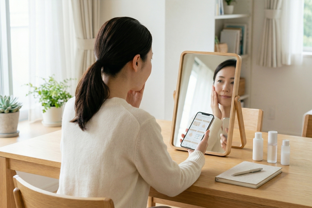 自宅の明るい室内で、卓上ミラーを見ながら頬に触れ、スマートフォンで美容施術の情報を確認する女性の様子。