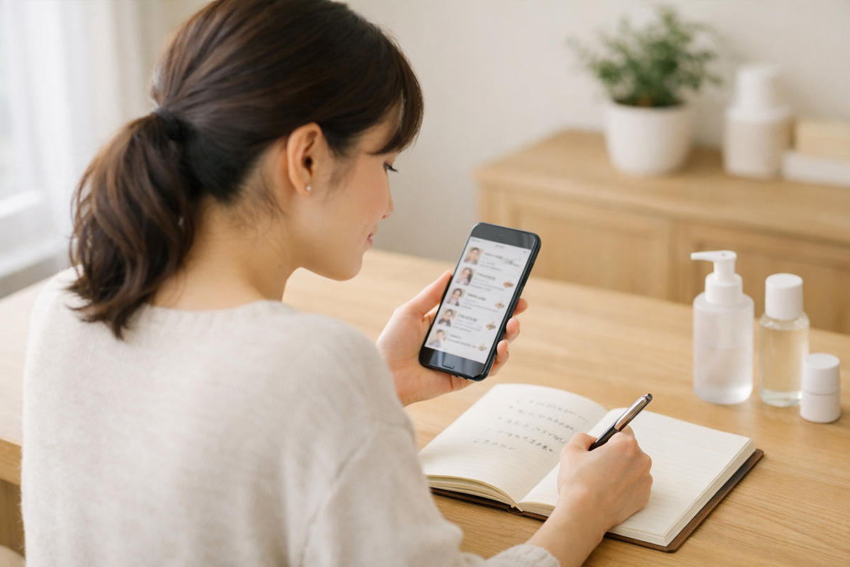 自宅の明るい室内で、スマートフォンで美容施術の情報を見ながら、ノートに考えを整理する女性の様子。