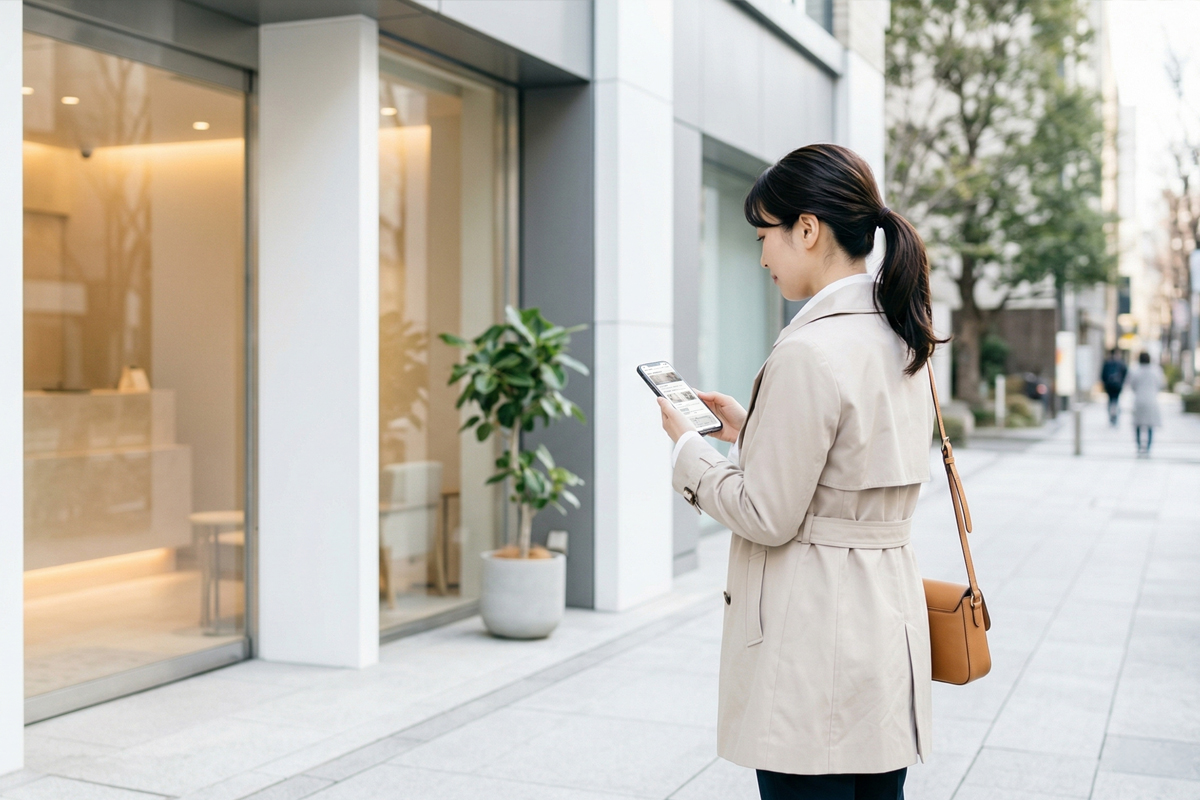 美容皮膚科クリニックの前でスマートフォンを確認しながら立つ女性の後ろ姿。